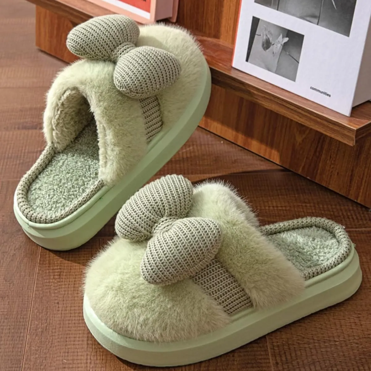 Bow Women's Slipper - Plush Bedroom Cozy Indoor Outdoor Home Shoes, Soft Knitted Bow, Non-Slip, Warm Fuzzy Comfort