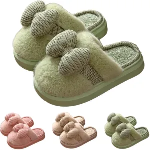 Bow Women's Slipper - Plush Bedroom Cozy Indoor Outdoor Home Shoes, Soft Knitted Bow, Non-Slip, Warm Fuzzy Comfort