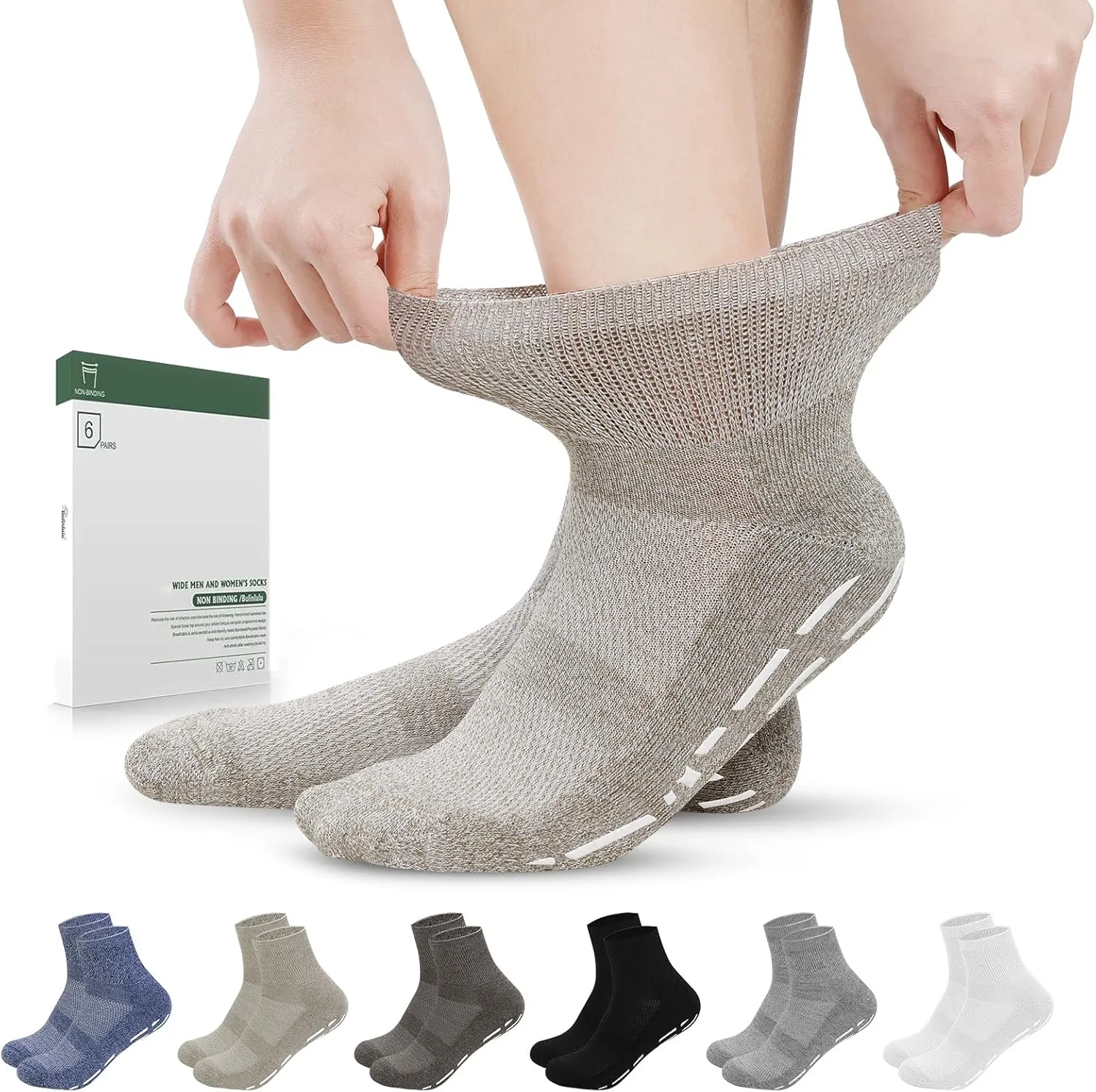 Bulinlulu Bamboo Viscose Diabetic Socks with Grippers for Men Women -6 Pairs Non Binding Ankle Slipper Socks Size 6-9 9-12