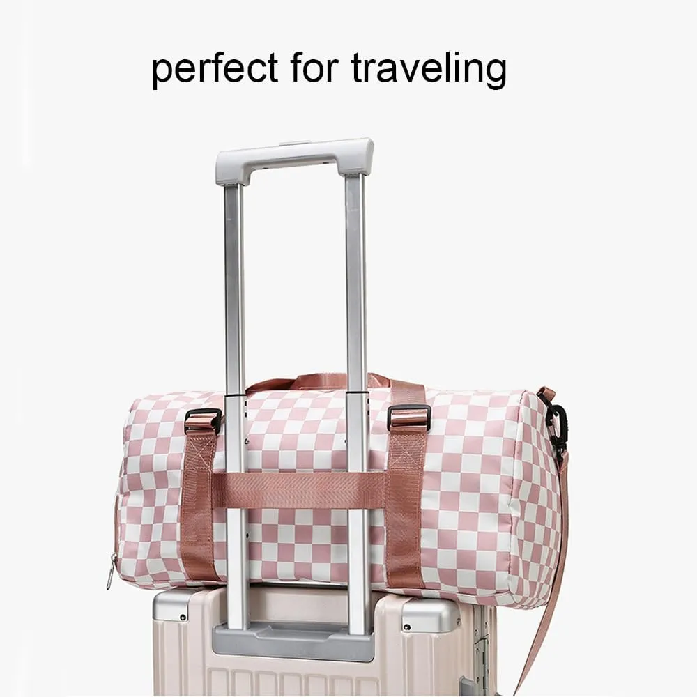 Checkered Sports Duffel Bags for Women/Men, Gym Bag with Shoes Compartment & Wet Pocket, Dance Bag for Girls,Traveling Overnight Bag Weekender Bag (purple)