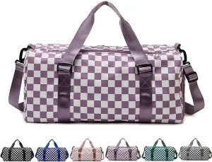 Checkered Sports Duffel Bags for Women/Men, Gym Bag with Shoes Compartment & Wet Pocket, Dance Bag for Girls,Traveling Overnight Bag Weekender Bag (purple)
