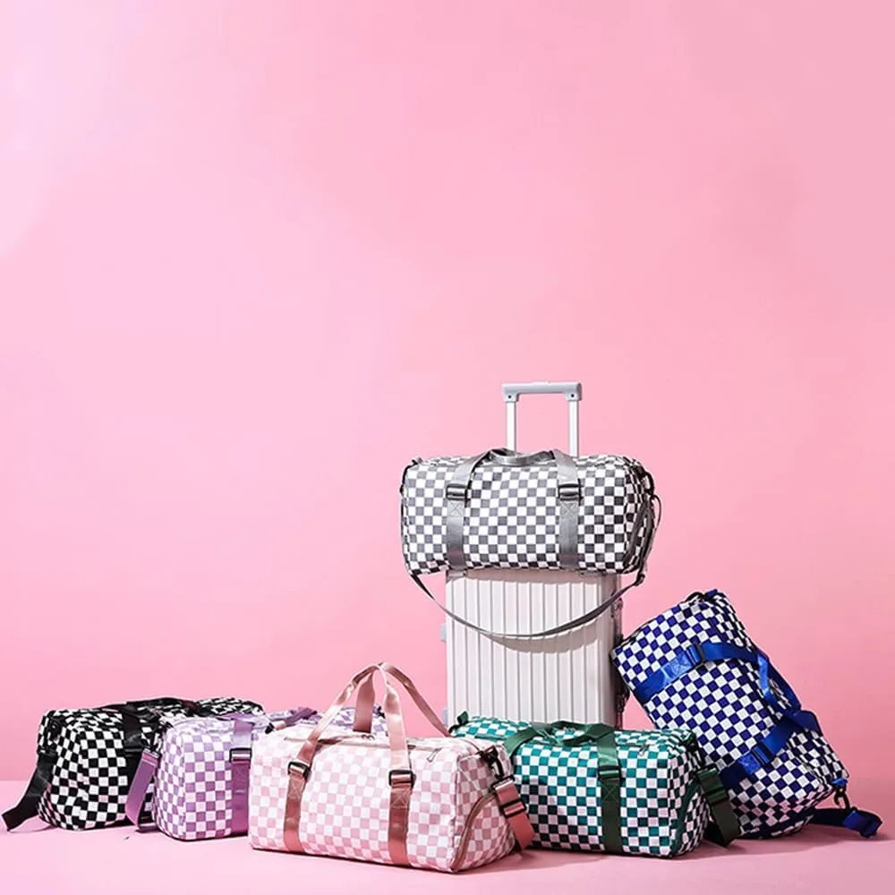 Checkered Sports Duffel Bags for Women/Men, Gym Bag with Shoes Compartment & Wet Pocket, Dance Bag for Girls,Traveling Overnight Bag Weekender Bag (purple)