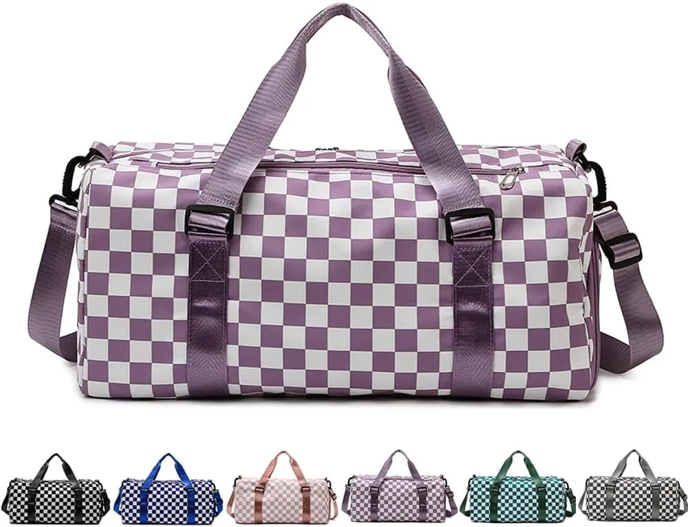 Checkered Sports Duffel Bags for Women/Men, Gym Bag with Shoes Compartment & Wet Pocket, Dance Bag for Girls,Traveling Overnight Bag Weekender Bag (purple)
