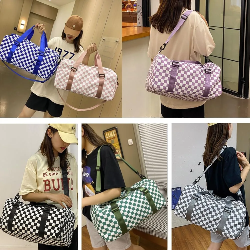 Checkered Sports Duffel Bags for Women/Men, Gym Bag with Shoes Compartment & Wet Pocket, Dance Bag for Girls,Traveling Overnight Bag Weekender Bag (purple)