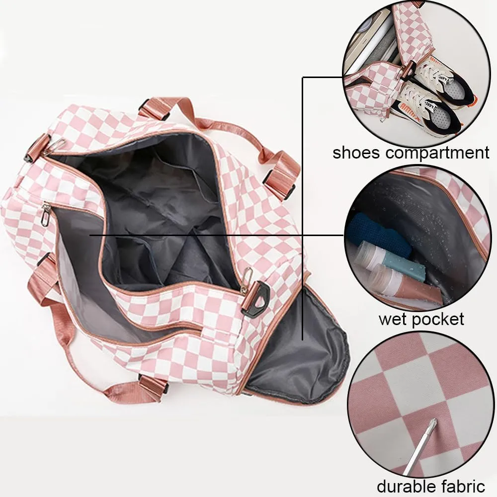 Checkered Sports Duffel Bags for Women/Men, Gym Bag with Shoes Compartment & Wet Pocket, Dance Bag for Girls,Traveling Overnight Bag Weekender Bag (purple)