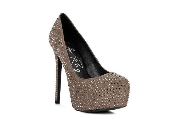 CLARISSE Diamante Faux Suede high Heeled Pumps
