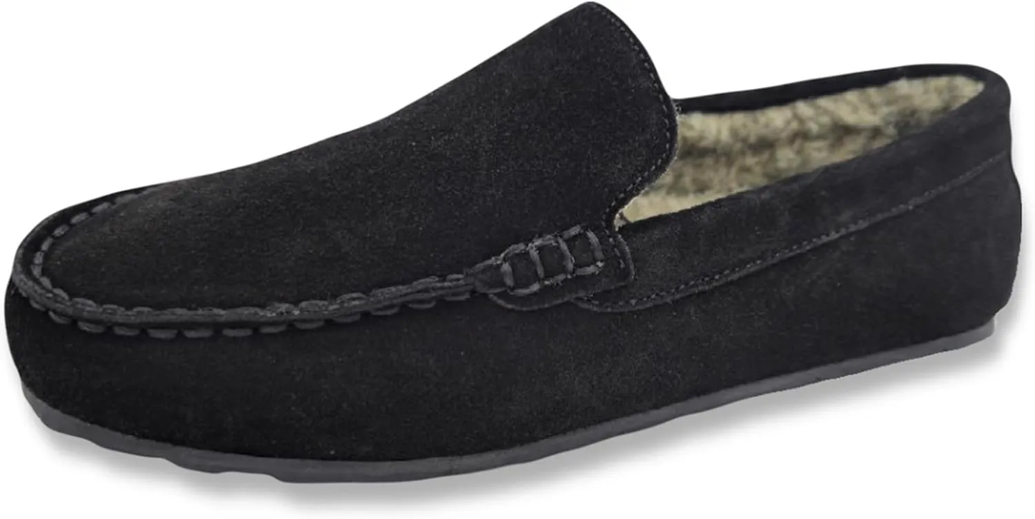 Clarks Mens Suede Moccasin Slippers Warm Cozy Indoor Outdoor Plush Faux Fur Lined Slipper For Men (13 M US, Black/Beige)