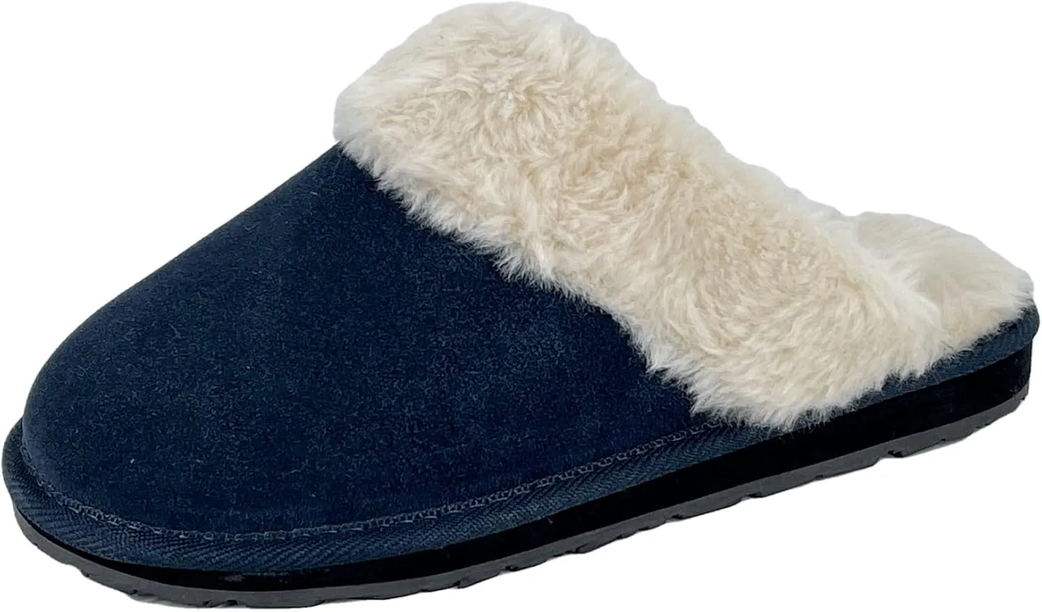 Clarks Womens Open Back Suede Leather Comfort Clog Slipper JMS0583C - Plush Faux Fur Trim - Indoor Outdoor House Slippers For Women (6 M US, Navy)