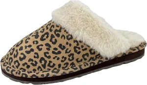 Clarks Womens Open Back Suede Leather Comfort Clog Slipper JMS0583C - Plush Faux Fur Trim - Indoor Outdoor House Slippers For Women (8 M US, Tan/Brown Leopard)