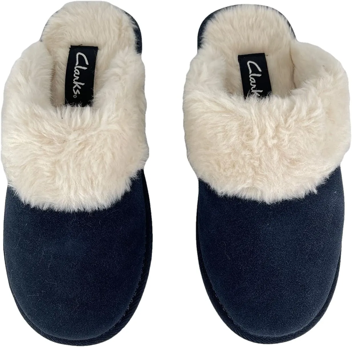 Clarks Womens Open Back Suede Leather Comfort Clog Slipper JMS0583C - Plush Faux Fur Trim - Indoor Outdoor House Slippers For Women
