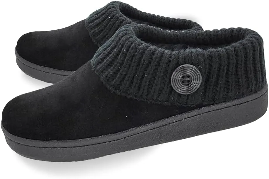 Clarks Womens Suede Leather Comfort Clog Knitted Collar Slipper - Plush Faux Fur Trim - Indoor Outdoor House Slippers For Women (Black/Black 11M)