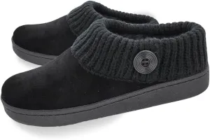 Clarks Womens Suede Leather Comfort Clog Knitted Collar Slipper - Plush Faux Fur Trim - Indoor Outdoor House Slippers For Women (Black/Black 11M)