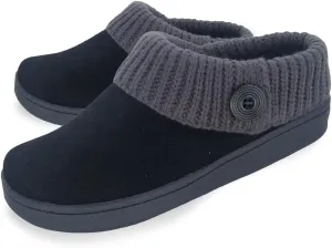 Clarks Womens Suede Leather Comfort Clog Knitted Collar Slipper - Plush Faux Fur Trim - Indoor Outdoor House Slippers For Women (Black/Grey 10M)