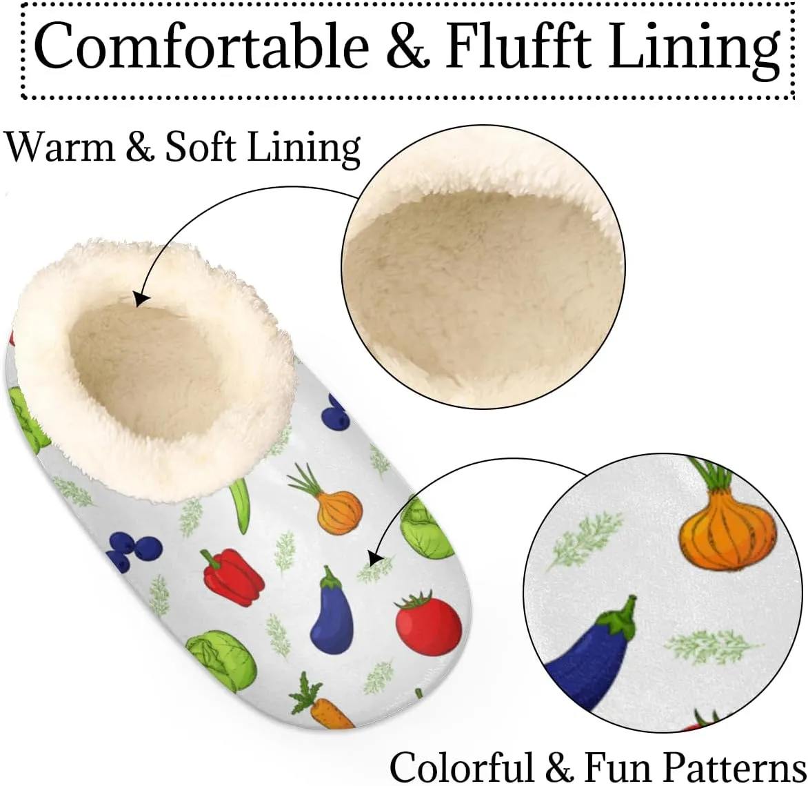 Colorful Vegetable Women's Slippers, Tomatoes Peppers Cabbage Non-Slip House Slipper Socks, Plush Lined Slippers Shoes for Girls Boys Teens Indoor Bedroom