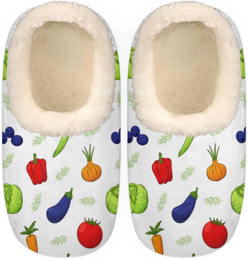 Colorful Vegetable Women's Slippers, Tomatoes Peppers Cabbage Non-Slip House Slipper Socks, Plush Lined Slippers Shoes for Girls Boys Teens Indoor Bedroom