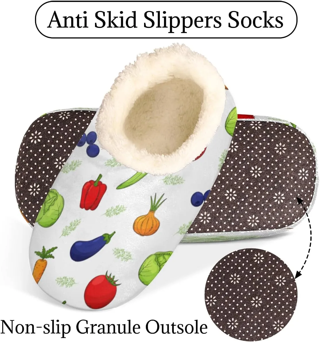 Colorful Vegetable Women's Slippers, Tomatoes Peppers Cabbage Non-Slip House Slipper Socks, Plush Lined Slippers Shoes for Girls Boys Teens Indoor Bedroom