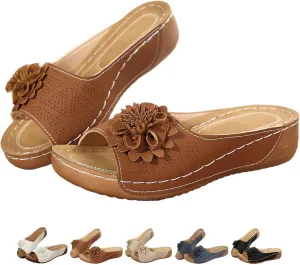 Comfortable Non-slip Solid Color Open-Toe Wedge Sandals for Women Dress Orthopedic Summer Ladies Platform Leather Wedge Arch Support Slip on Shoes Dressy Casual Comfy Slides Flat Beach Sandals