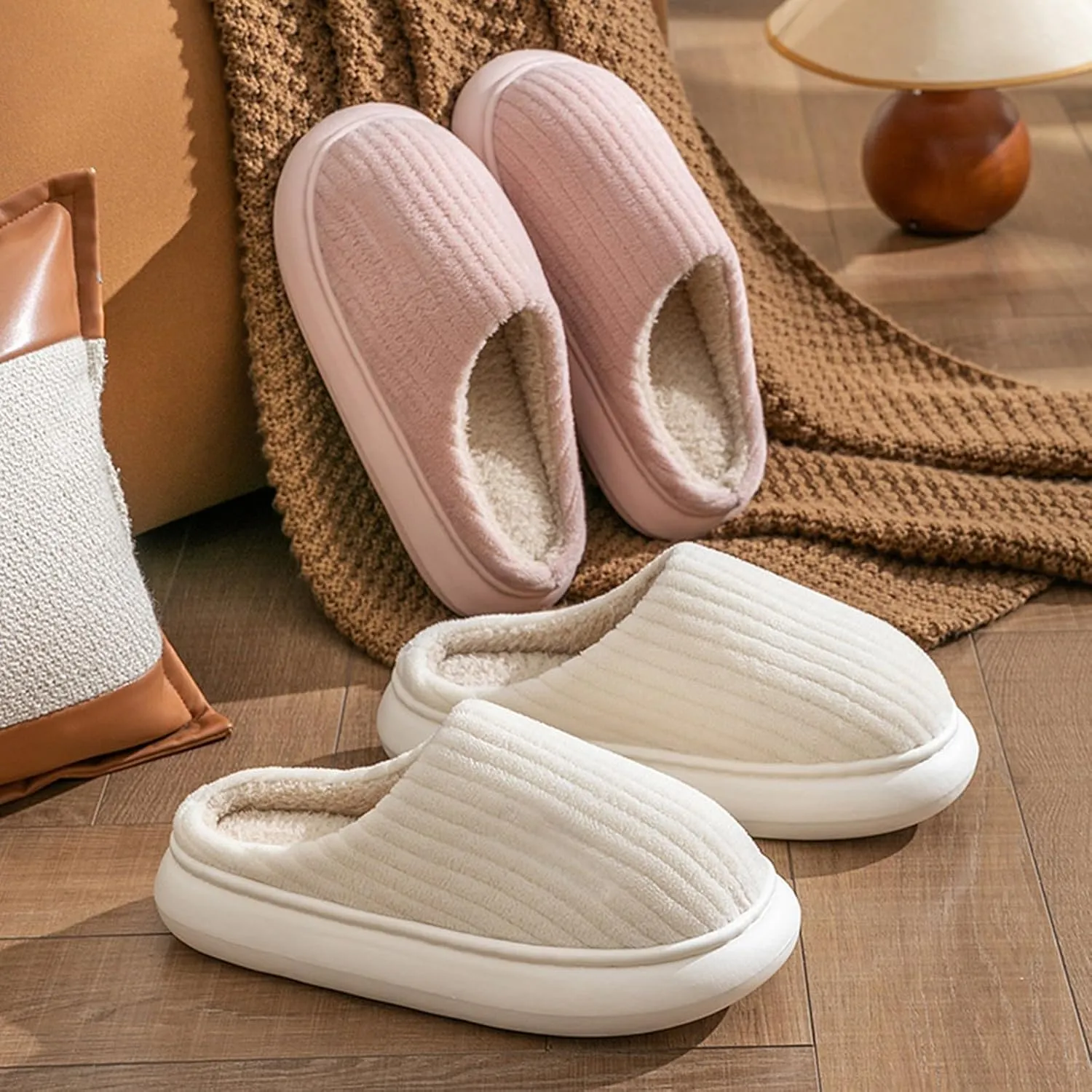 Cotton Slippers For Women Indoor Casual Striped Slip On Slipper Women Plush Lined Sort Sole Flat House Slipper