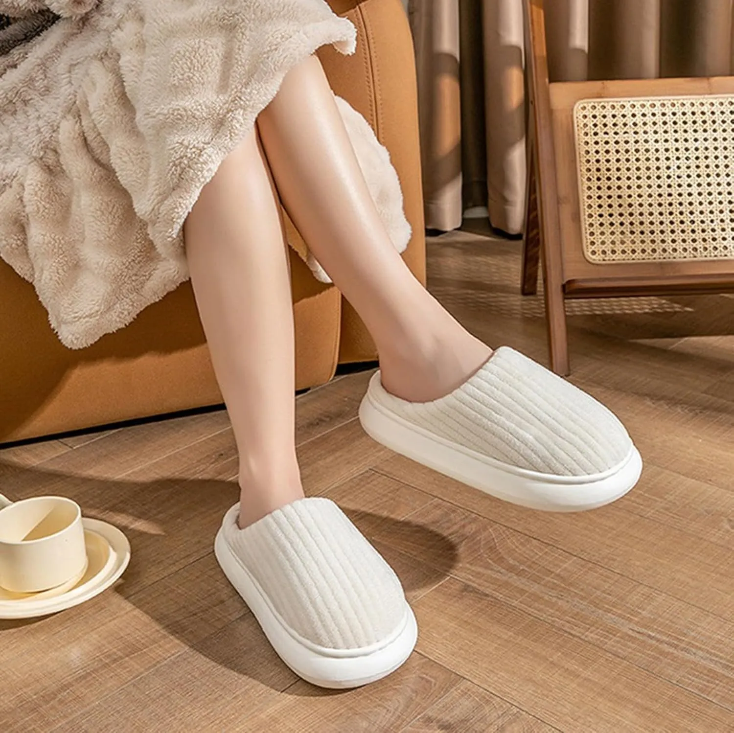 Cotton Slippers For Women Indoor Casual Striped Slip On Slipper Women Plush Lined Sort Sole Flat House Slipper