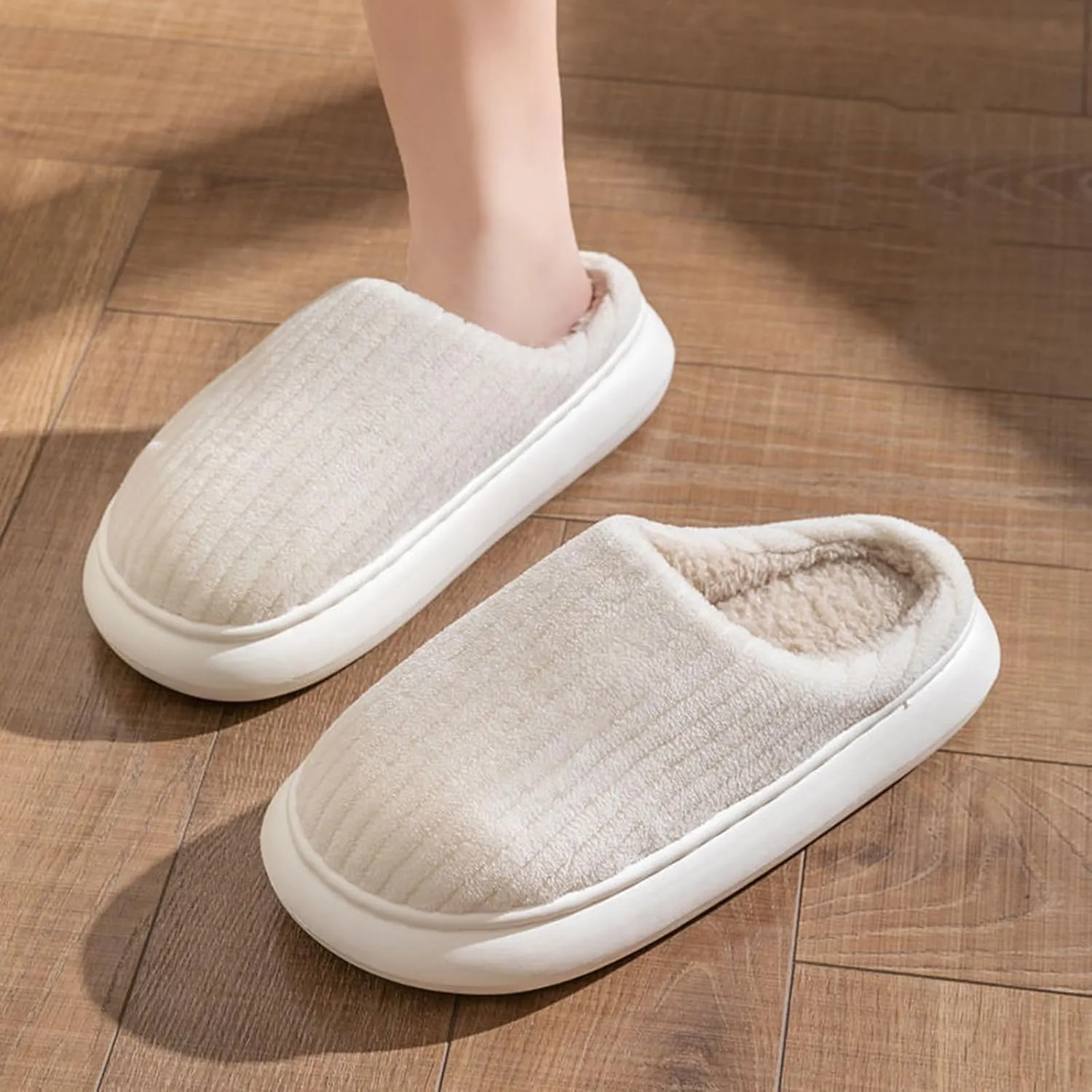 Cotton Slippers For Women Indoor Casual Striped Slip On Slipper Women Plush Lined Sort Sole Flat House Slipper