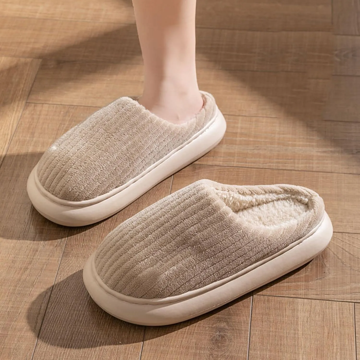 Cotton Slippers For Women Indoor Casual Striped Slip On Slipper Women Plush Lined Sort Sole Flat House Slipper