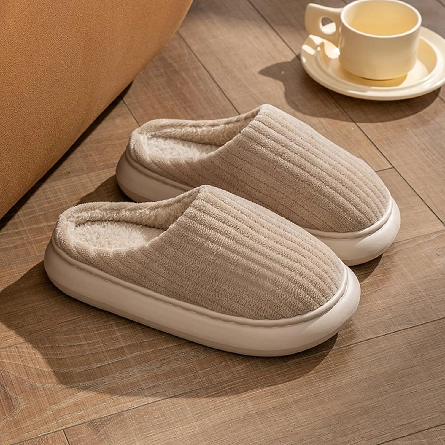 Cotton Slippers For Women Indoor Casual Striped Slip On Slipper Women Plush Lined Sort Sole Flat House Slipper
