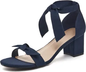 Coutgo Womens Bowknot Ankle Strap Heeled Sandals Mid Block Heel Round Open Toe Summer Wedding Dress Shoes