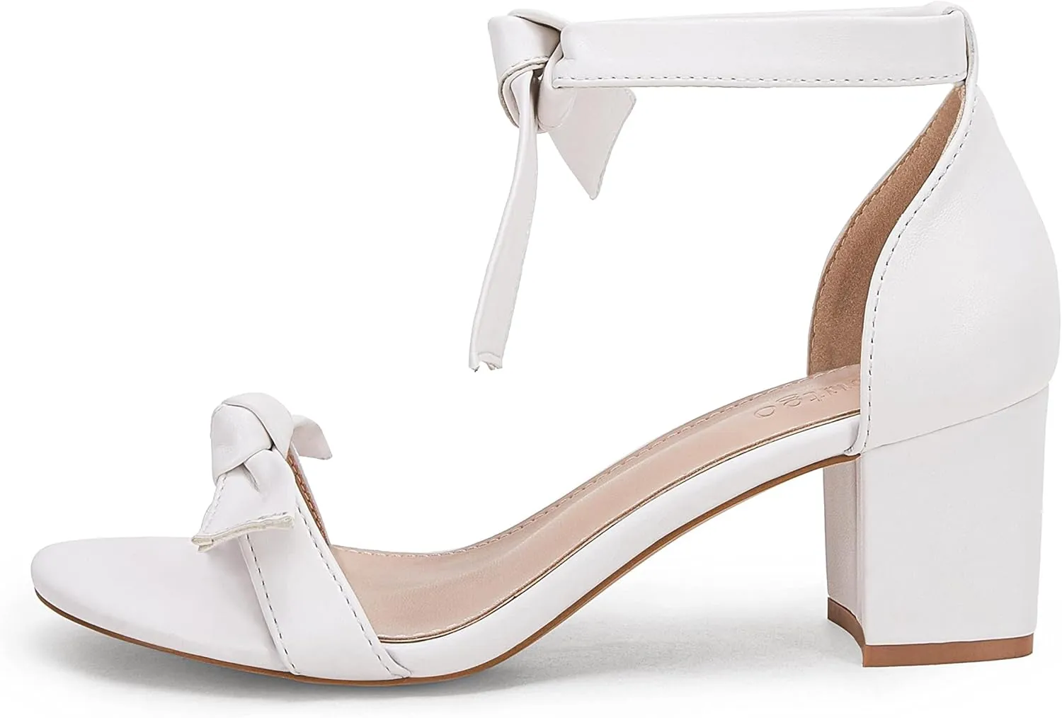 Coutgo Womens Bowknot Ankle Strap Heeled Sandals Mid Block Heel Round Open Toe Summer Wedding Dress Shoes