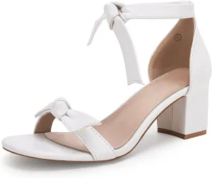 Coutgo Womens Bowknot Ankle Strap Heeled Sandals Mid Block Heel Round Open Toe Summer Wedding Dress Shoes