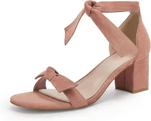 Coutgo Womens Bowknot Ankle Strap Heeled Sandals Mid Block Heel Round Open Toe Summer Wedding Dress Shoes