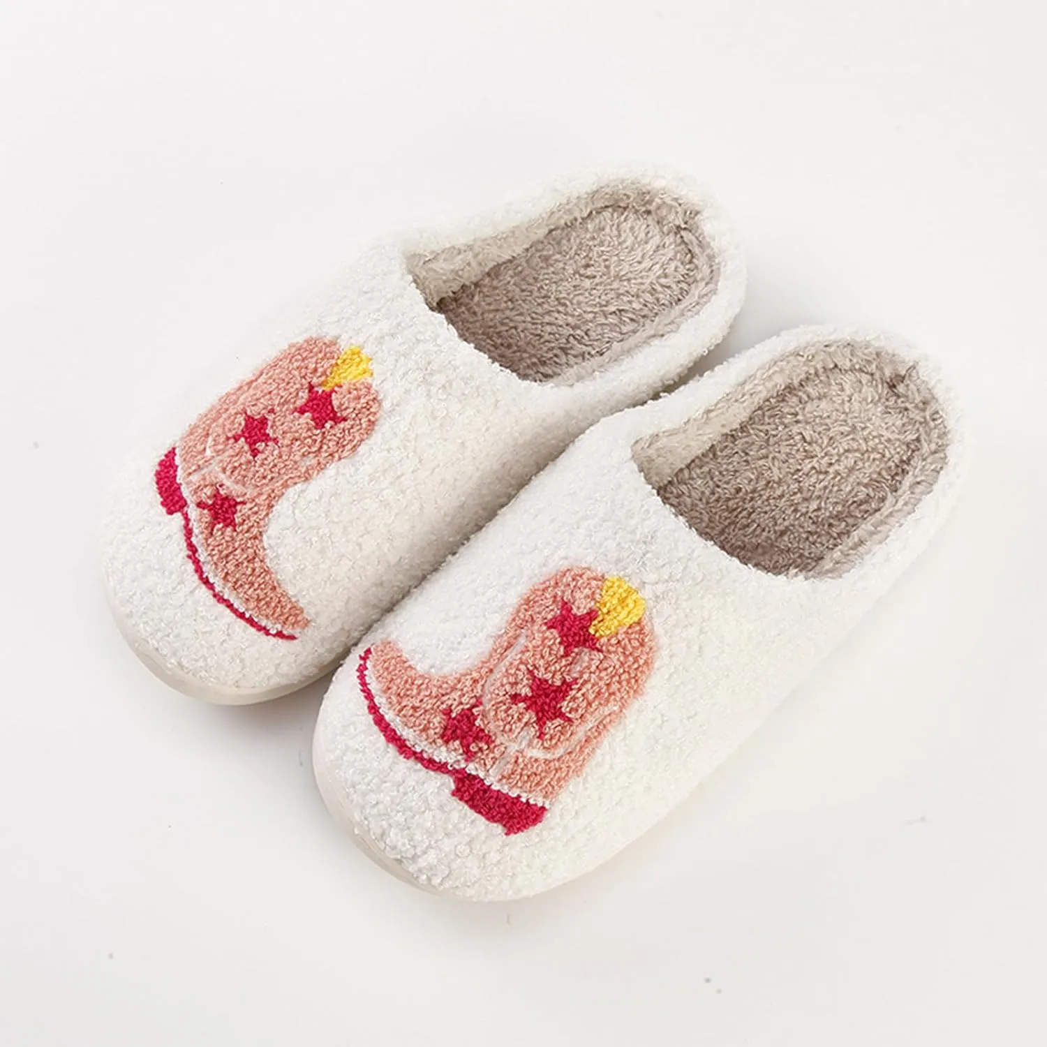 Cowboy Cowgirl Hat Slippers For Women Men Smile Face Slipper Plush Comfy Retro Preppy Slippers Warm Fuzzy House Shoes