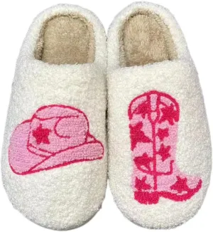 Cowboy Cowgirl Hat Slippers For Women Men Smile Face Slipper Plush Comfy Retro Preppy Slippers Warm Fuzzy House Shoes
