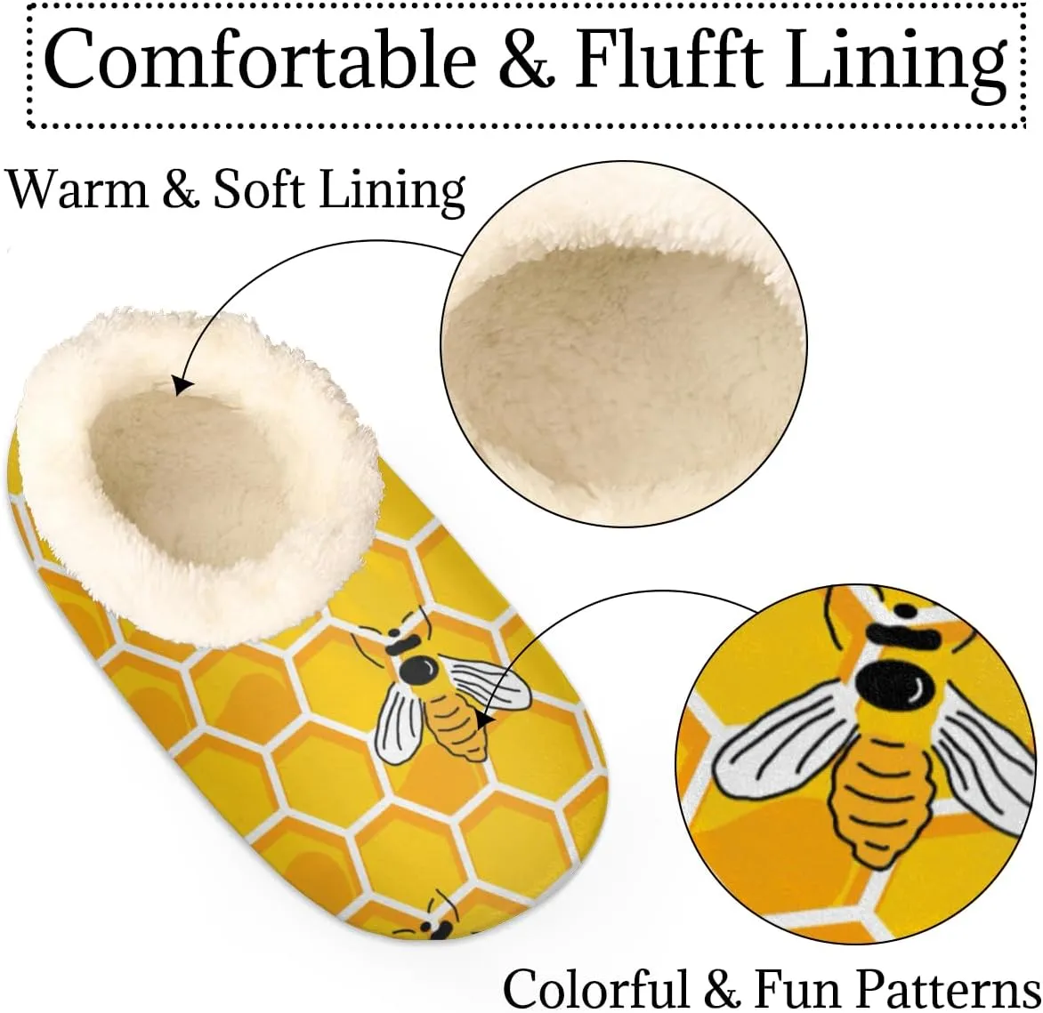 Cute Bees Honey Women's Slippers, Yellow Bumblebee Soft Cozy Plush Lined House Slipper Shoes Indoor Non-Slip Slippers for Women Girls Boys Teenager