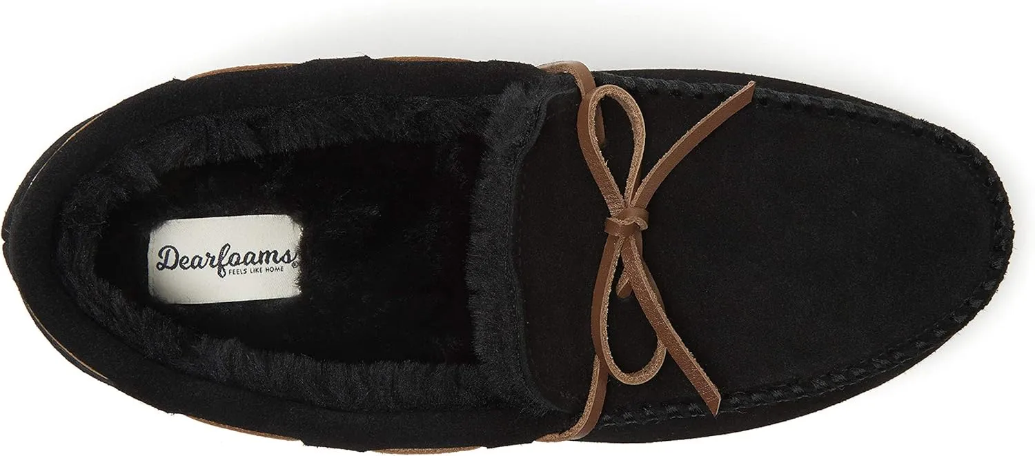 Dearfoams Men's Hudson Genuine Suede Memory Foam Moccasin Slipper with Tie