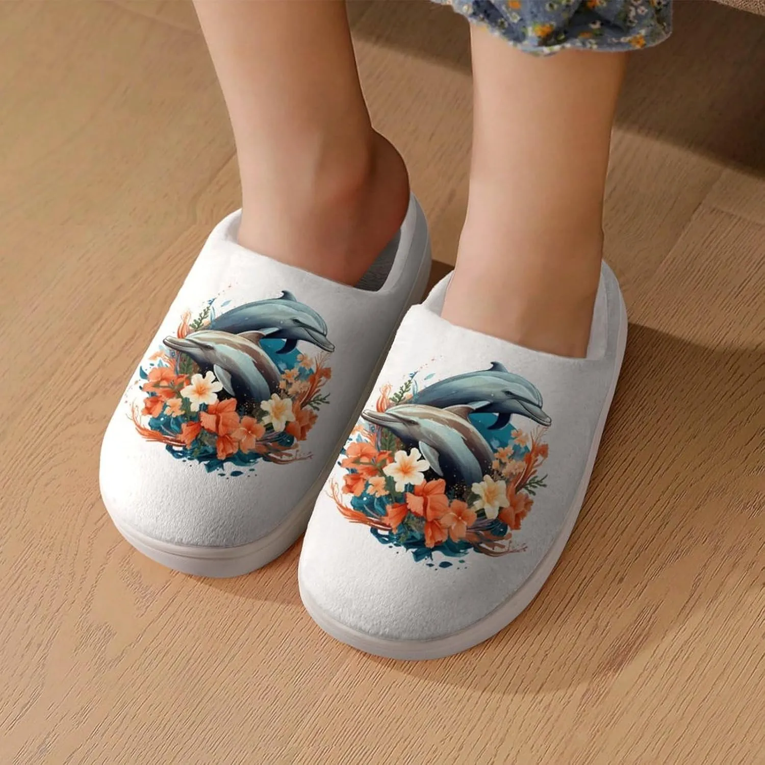 Dolphins Kids Slippers for Girls Boys Winter Warm Plush Slip On House Slippers for Indoor Outdoor