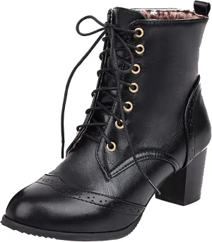 Elbslutt Women's Wingtip Booties Lace Up Chunky Heeled Ankle Boots Round Toe Block Heels Vintage Shoes