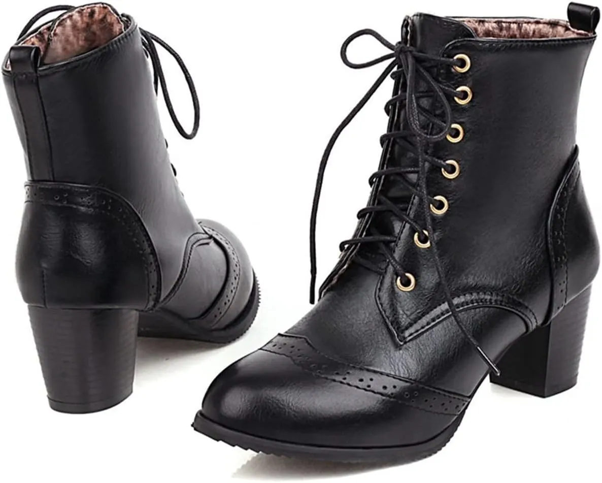 Elbslutt Women's Wingtip Booties Lace Up Chunky Heeled Ankle Boots Round Toe Block Heels Vintage Shoes