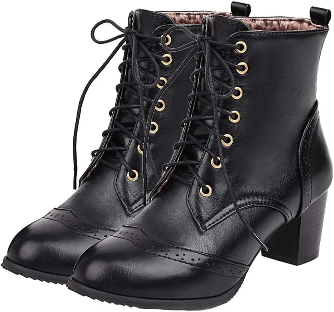 Elbslutt Women's Wingtip Booties Lace Up Chunky Heeled Ankle Boots Round Toe Block Heels Vintage Shoes