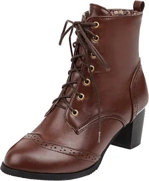 Elbslutt Women's Wingtip Booties Lace Up Chunky Heeled Ankle Boots Round Toe Block Heels Vintage Shoes