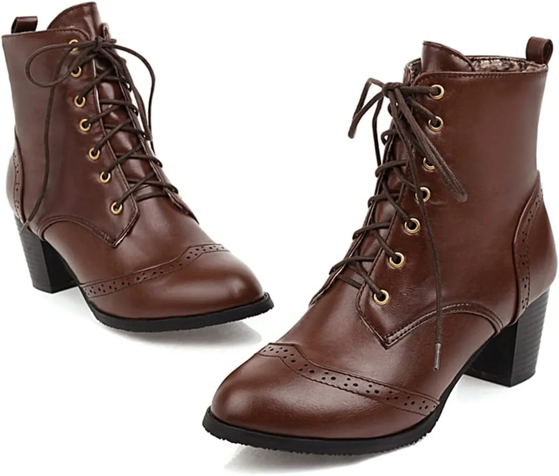 Elbslutt Women's Wingtip Booties Lace Up Chunky Heeled Ankle Boots Round Toe Block Heels Vintage Shoes