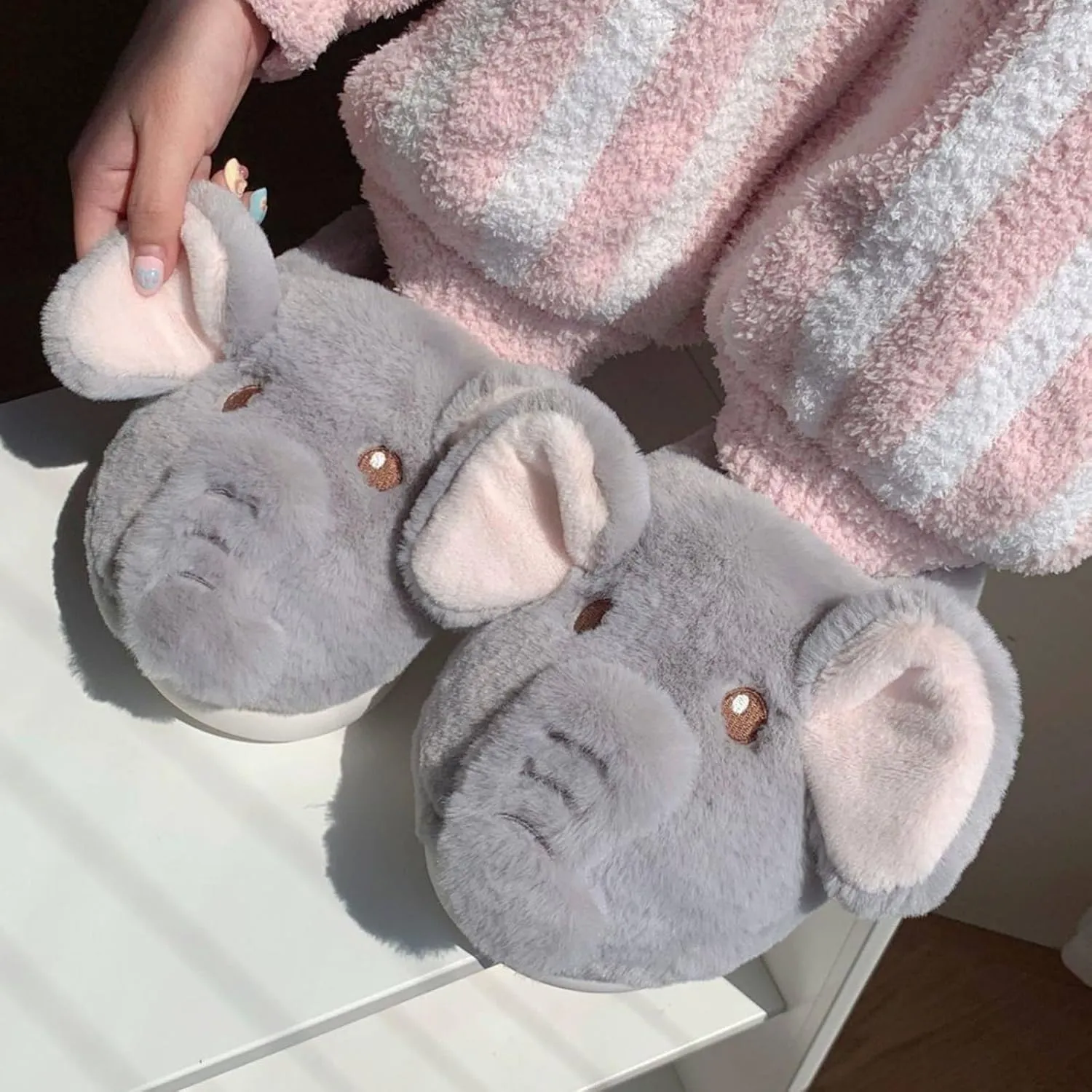 Elephant Slippers, Elephant Slippers for Women, Gray Plush Elephant House Shoes, Fluffy Warm Plush Cartoon Elephant Slippers