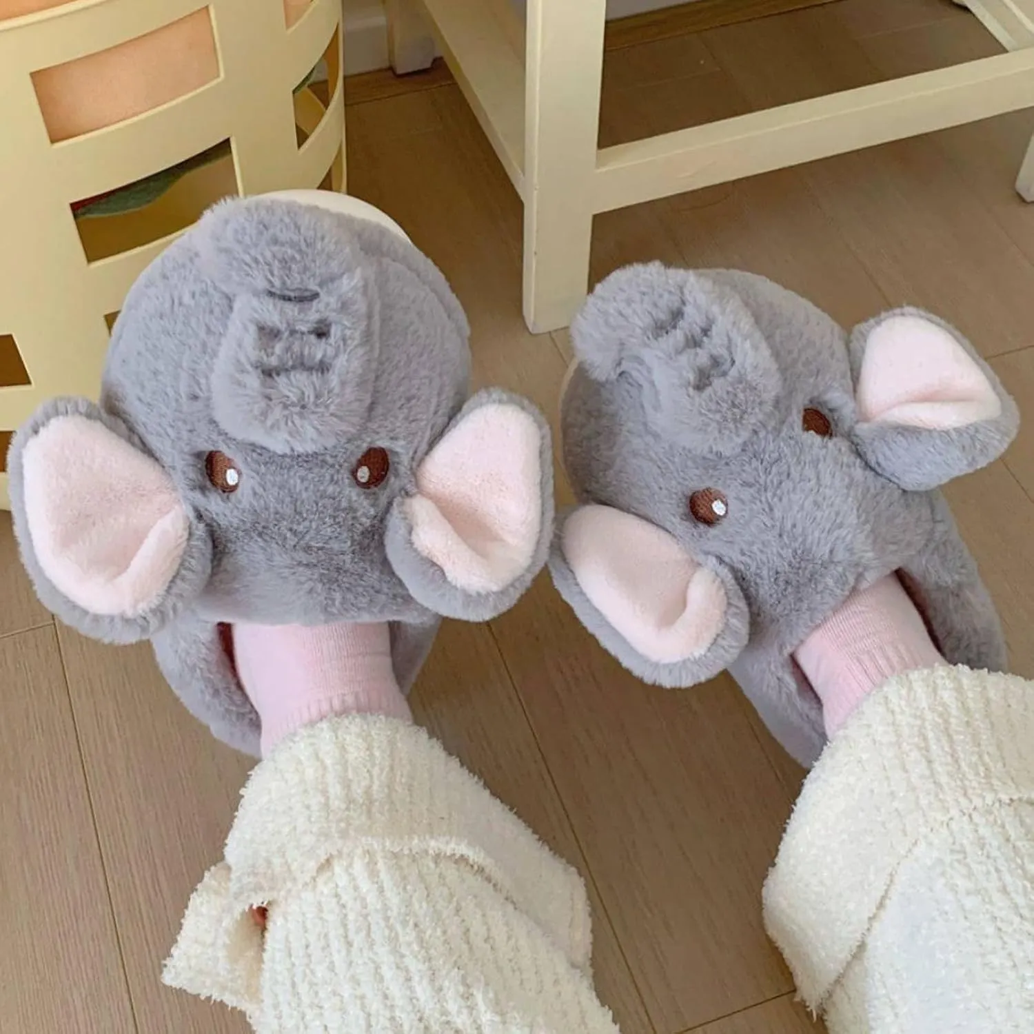 Elephant Slippers, Elephant Slippers for Women, Gray Plush Elephant House Shoes, Fluffy Warm Plush Cartoon Elephant Slippers