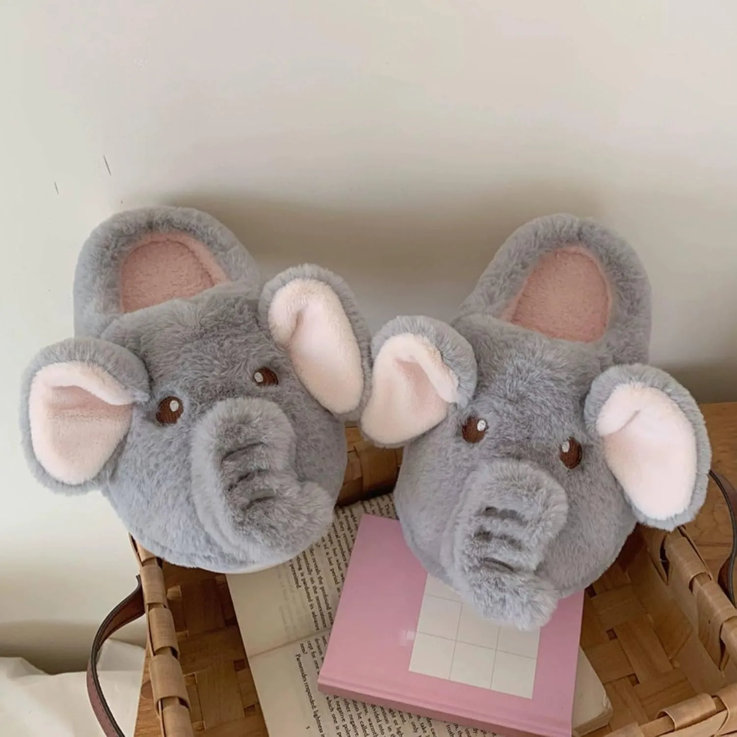 Elephant Slippers, Elephant Slippers for Women, Gray Plush Elephant House Shoes, Fluffy Warm Plush Cartoon Elephant Slippers