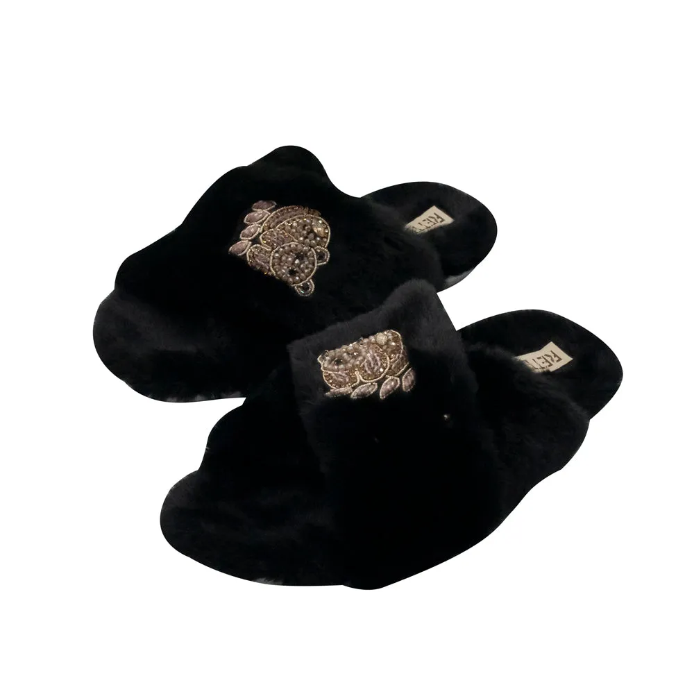 Ember Black Luxury Plush Diamanté Embellished Handmade Slipper