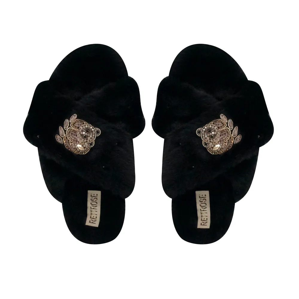 Ember Black Luxury Plush Diamanté Embellished Handmade Slipper