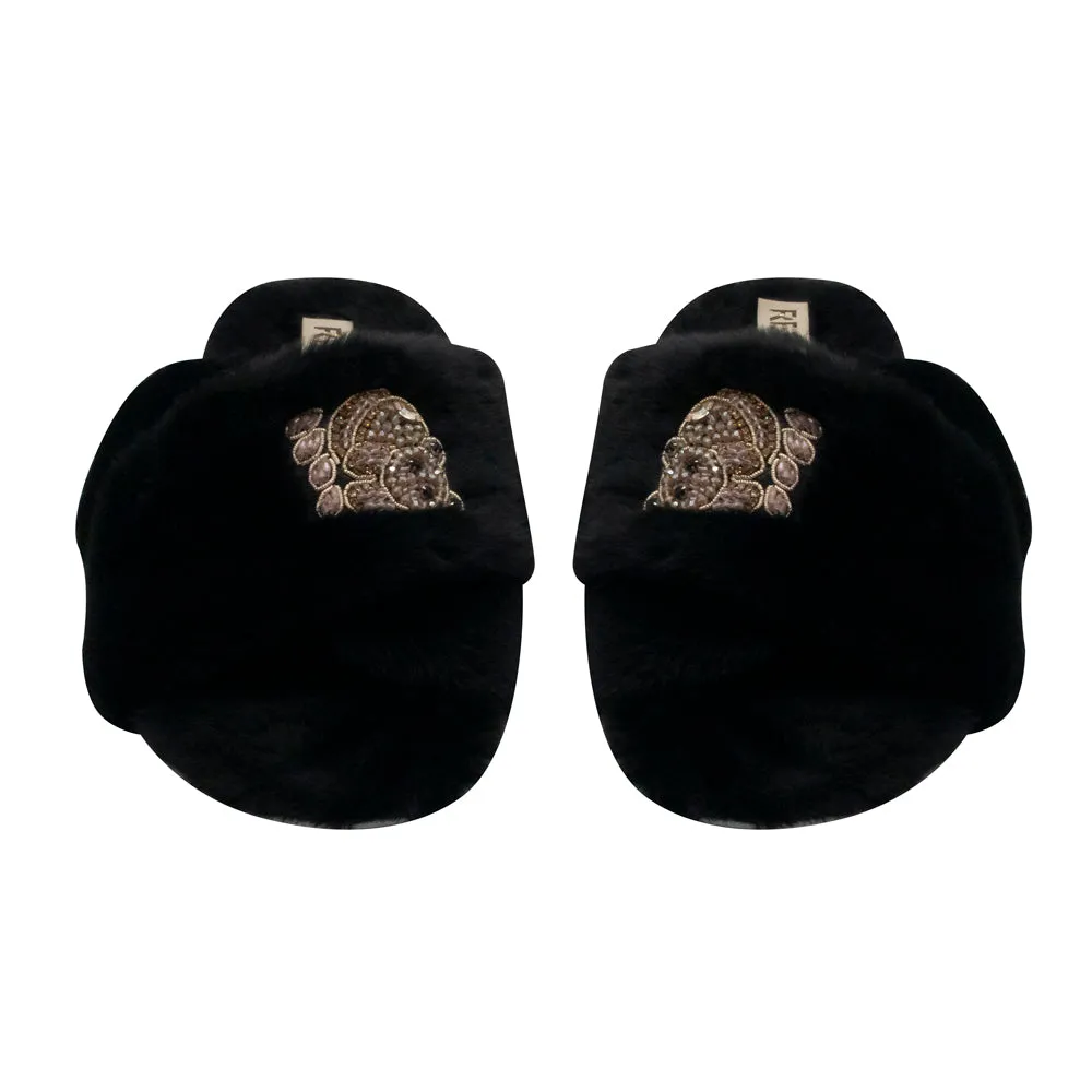 Ember Black Luxury Plush Diamanté Embellished Handmade Slipper