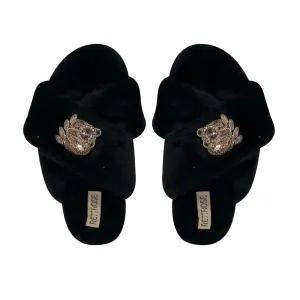 Ember Black Luxury Plush Diamanté Embellished Handmade Slipper