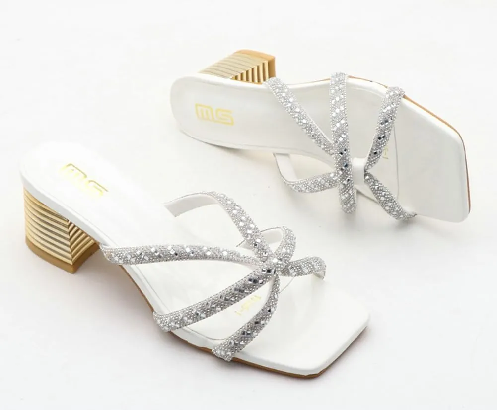 Epsion Women's Square Toe Rhinestone Strappy Heeled Sandals Transparent Block High Heels Slides Slipper Wedding Dress Party