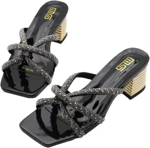 Epsion Women's Square Toe Rhinestone Strappy Heeled Sandals Transparent Block High Heels Slides Slipper Wedding Dress Party