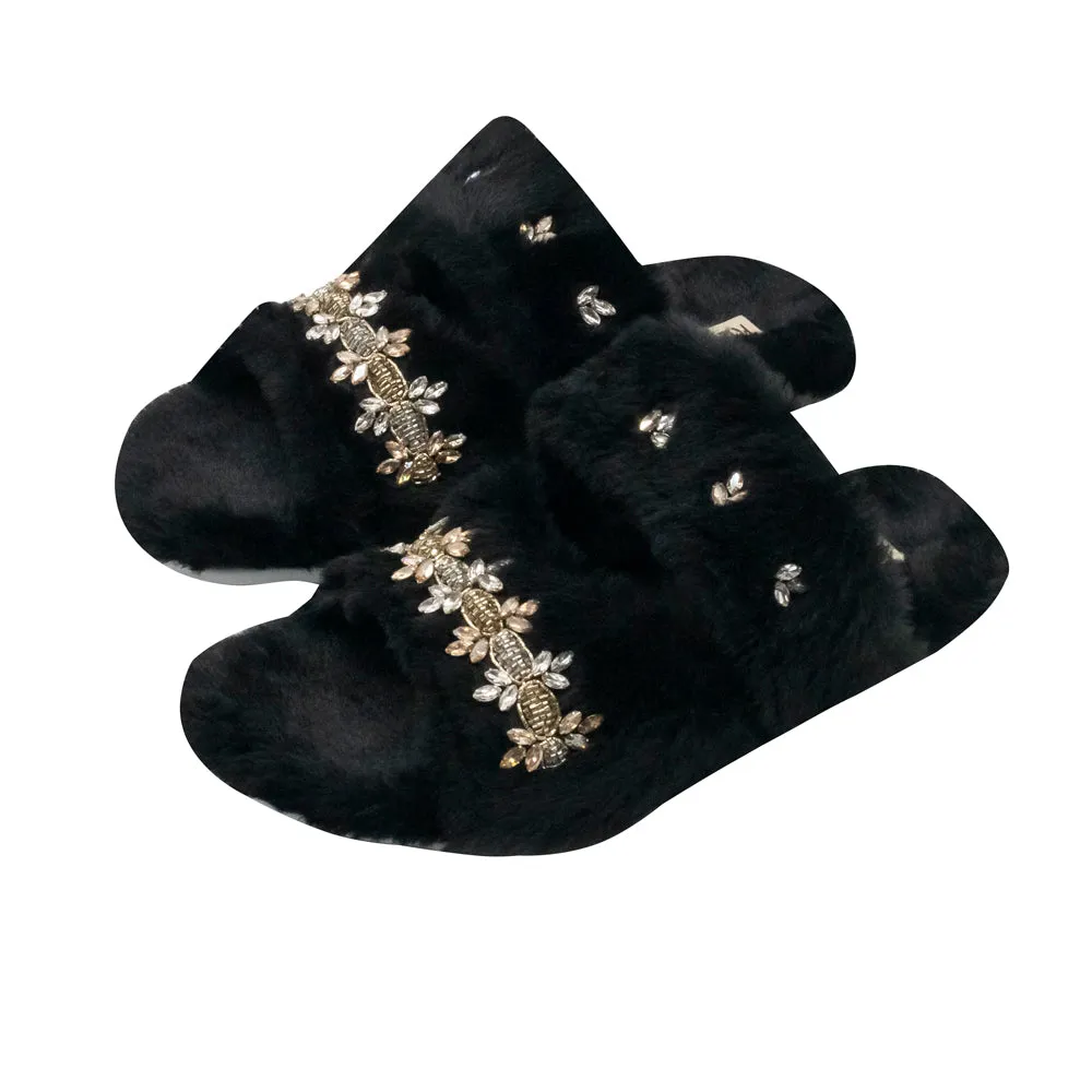 Faith Black Luxury Plush Diamanté Embellished Handmade Slipper